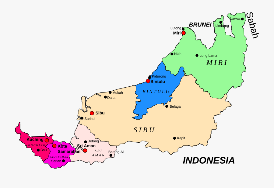 Map Clipart Indonesia - Sarawak Map By Division, Transparent Clipart
