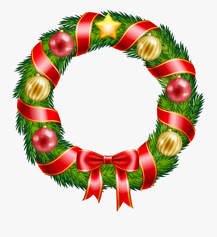 Christmas Wreath With Ornaments And Red Bow Clipart - Transparent Background Christmas Wreath Png, Transparent Clipart