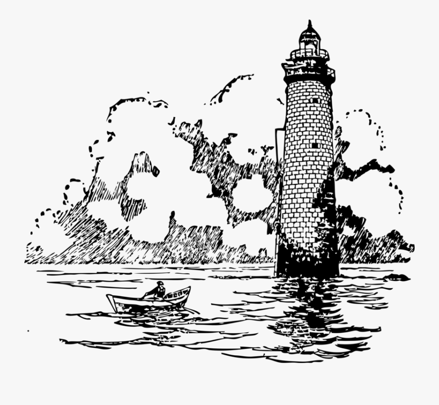 Visual Arts,lighthouse,art - Lighthouse And Boat Drawing, Transparent Clipart
