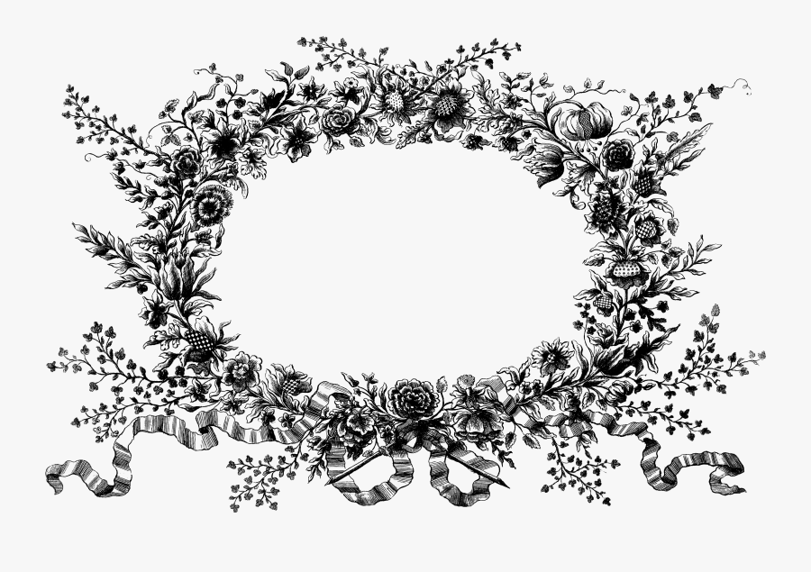 Folk Clipart Vintage Floral Wreath - Black And White Floral Wreath Png, Transparent Clipart