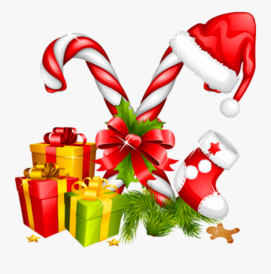 Santa Hat Gifts And Candy Canes Christmas Decoration - Christmas Decorations Gift Png, Transparent Clipart
