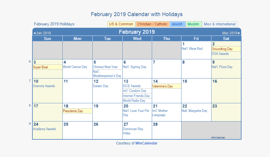 February 2019 Calendar With Holidays Printable - July 2019 Holiday Calendar, Transparent Clipart