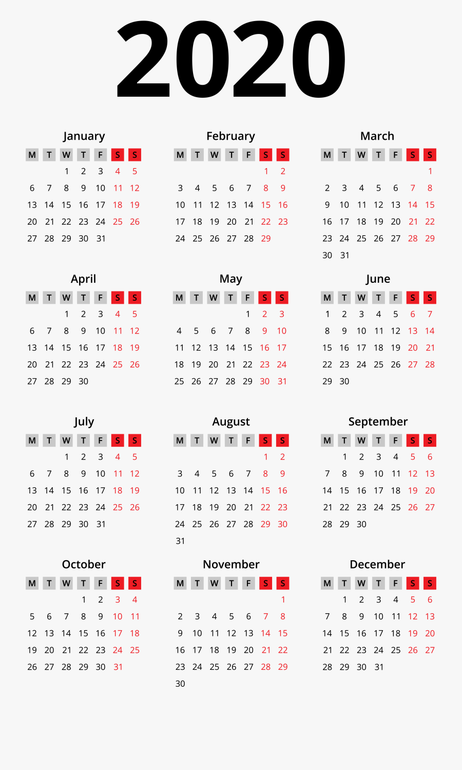 2020 Calendar Black Transparent Png Image - One Page 2020 Calendar Printable, Transparent Clipart