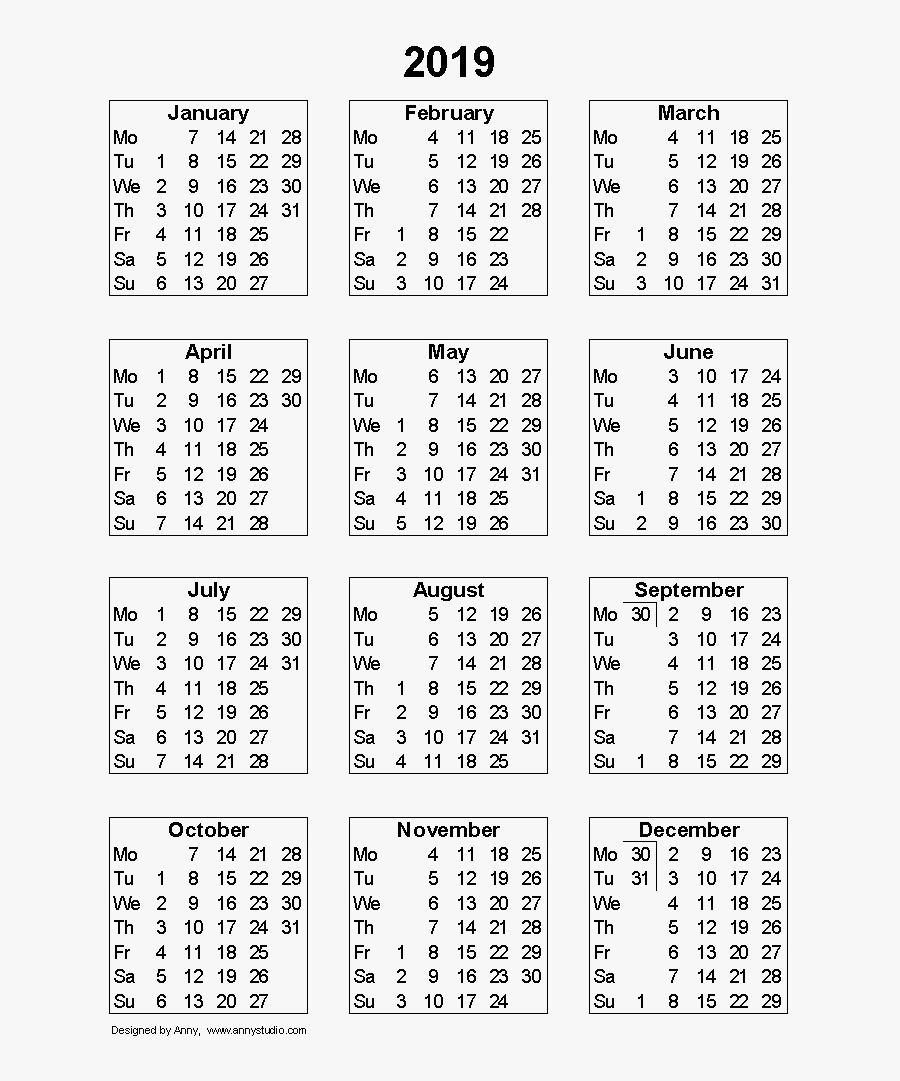 2019 Calendar Png - 2019 Calendar A4 Print, Transparent Clipart