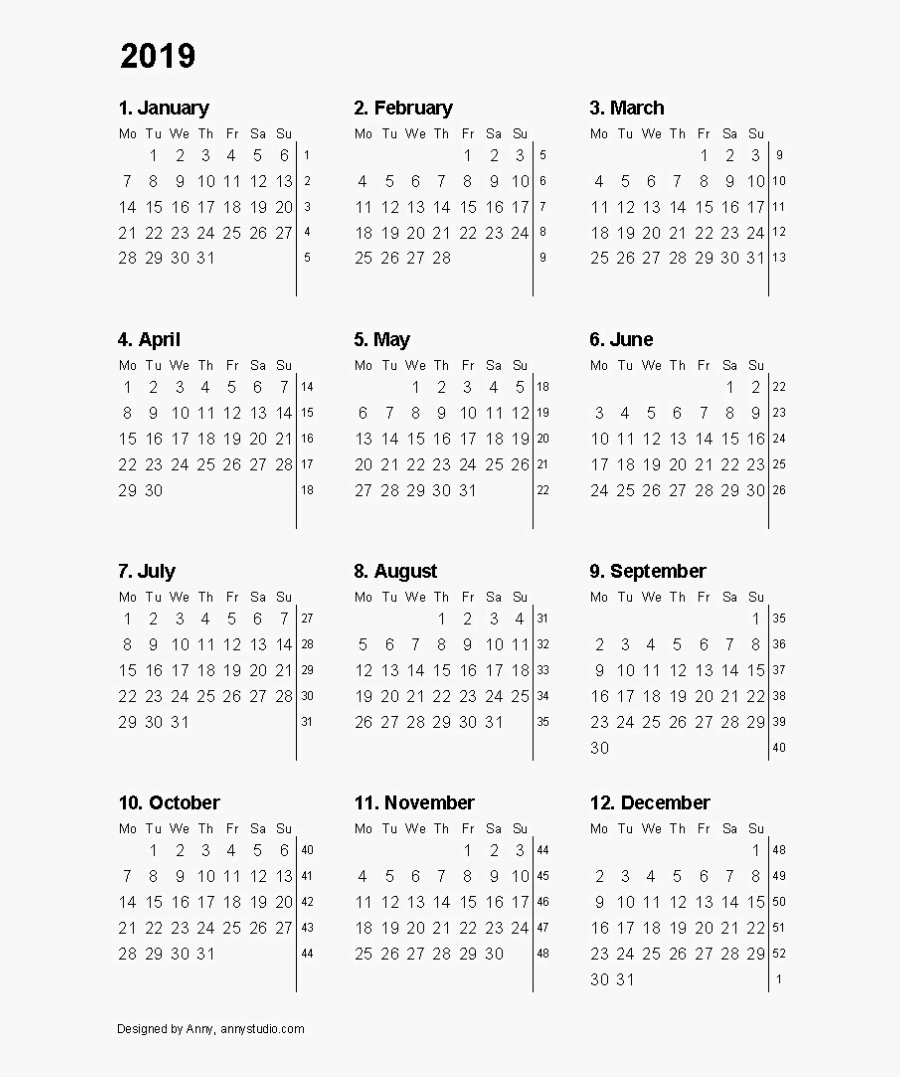 2019 Calendar High Quality Png - Free Printable 12 Month Calendar 2018, Transparent Clipart