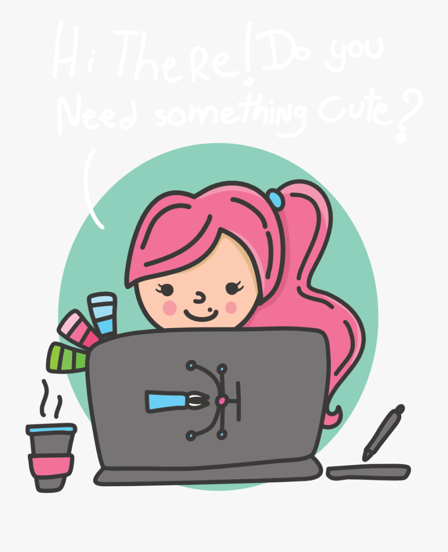 Hand Draw Of A Girl With Pink Hair In Front Of Her - Cartoon, Transparent Clipart