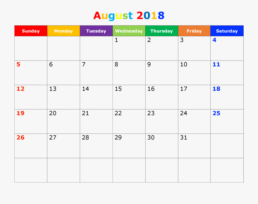 Clip Art Cute August Planner - August 2018 Calendar European, Transparent Clipart