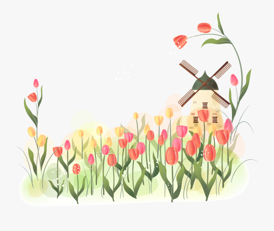 Windmill And Tulips, Transparent Clipart