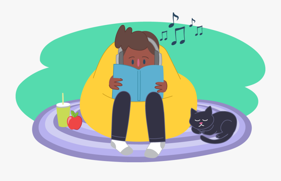 Boy Sitting On Beanbag Next To Cat, Reading And Listening - Cartoon, Transparent Clipart