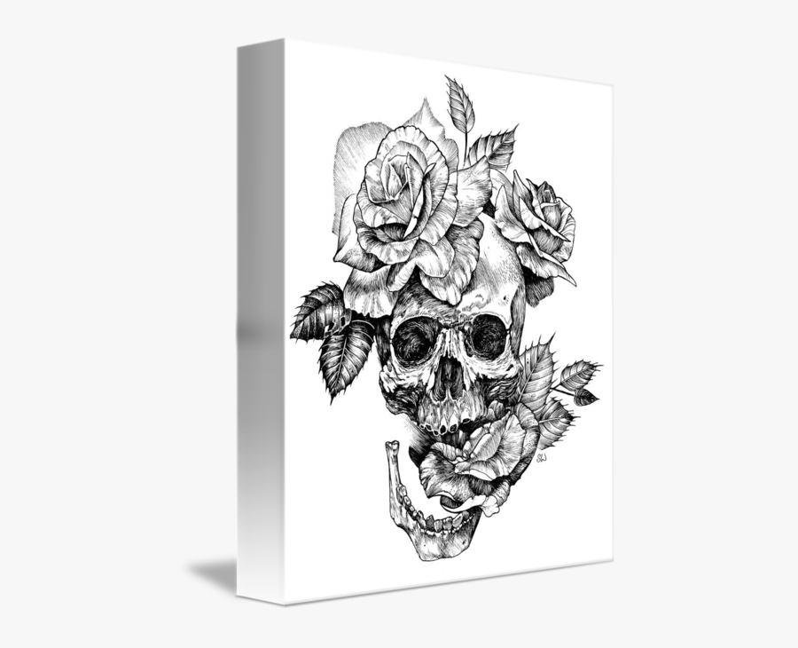 Rose Pen And Ink Clipart - Skull With Flowers Drawing, Transparent Clipart