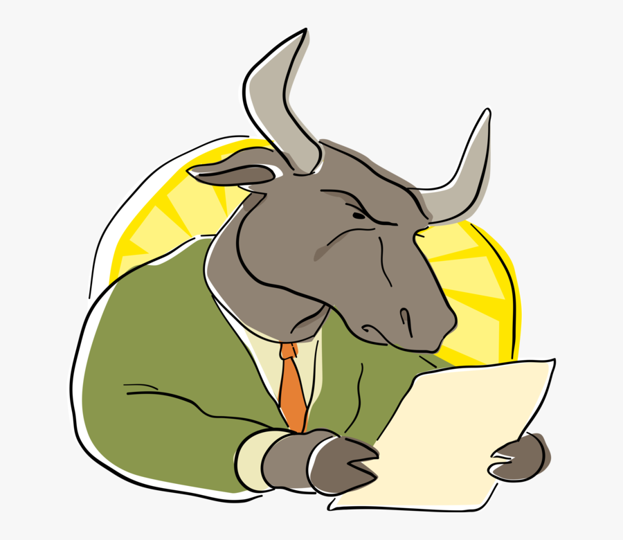 Vector Illustration Of Business Wall Street Bull Reading - Cartoon, Transparent Clipart
