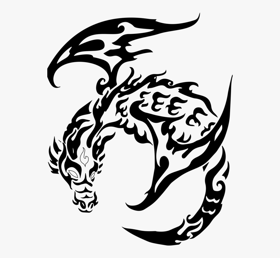 Art,monochrome Photography,artwork - Black And White Dragon Tribal, Transparent Clipart