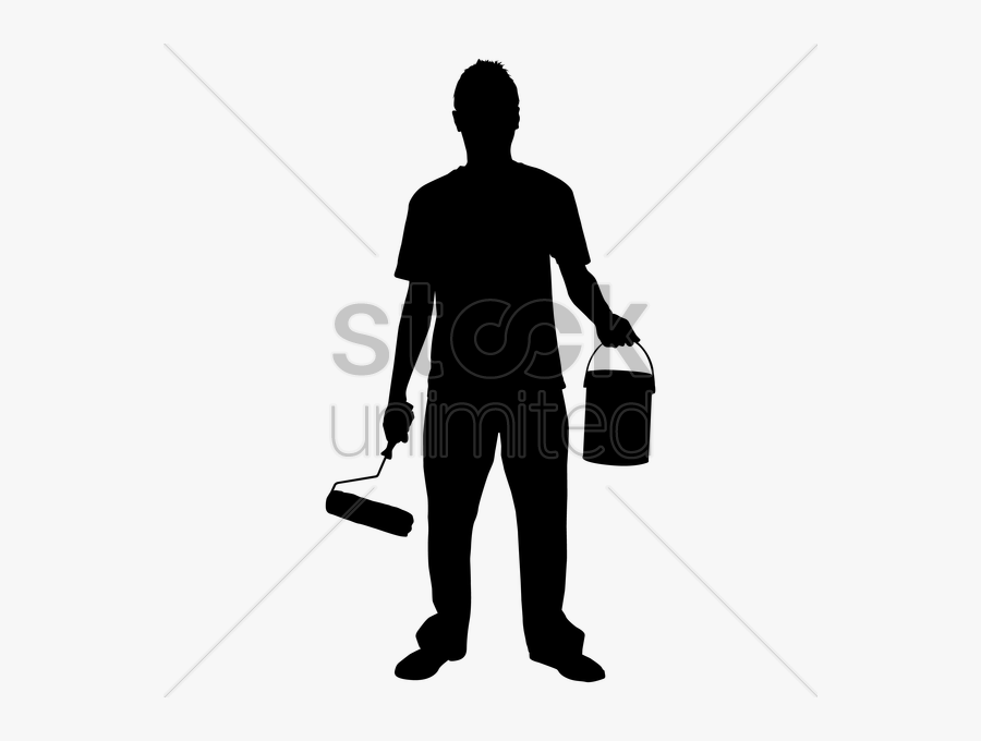 Silhouette Of A Man With Paint Roller And Bucket Vector - Illustration, Transparent Clipart