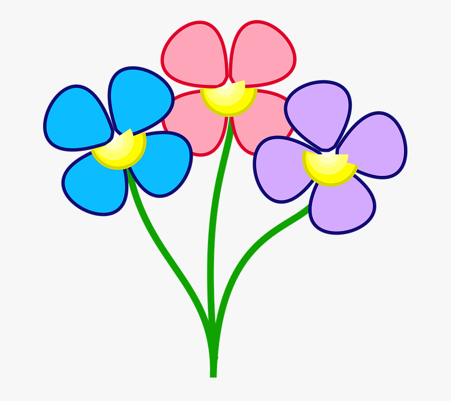 Flowers, Three, Blue, Red, Purple, Cute - Colorful Flowers Clip Art, Transparent Clipart