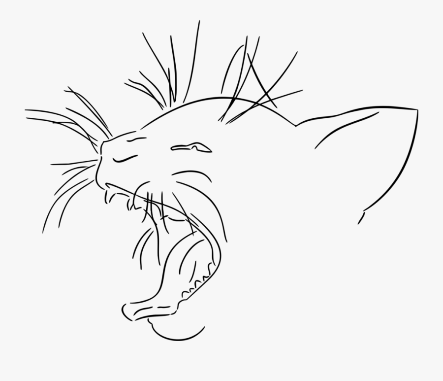 Monochrome Art - Drawings Cat Yawn Cartoon, Transparent Clipart
