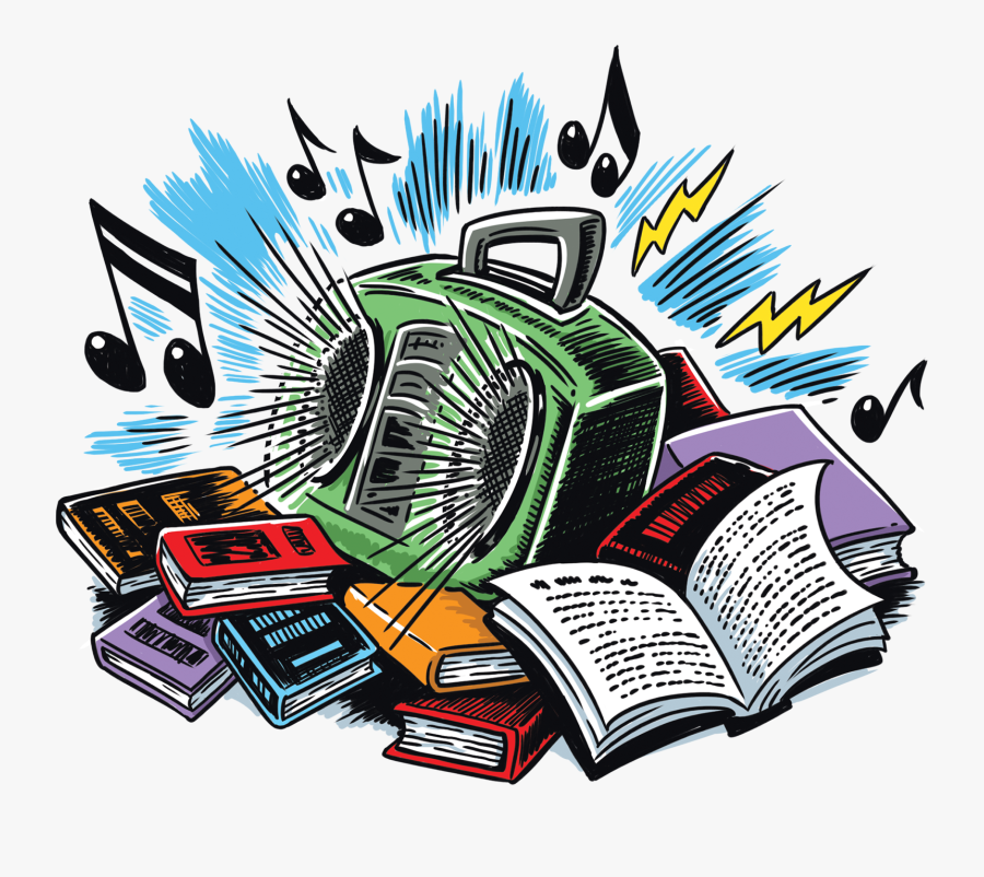 A Boom Box, Amongst A Pile Of Books, Playing Loud Music, Transparent Clipart