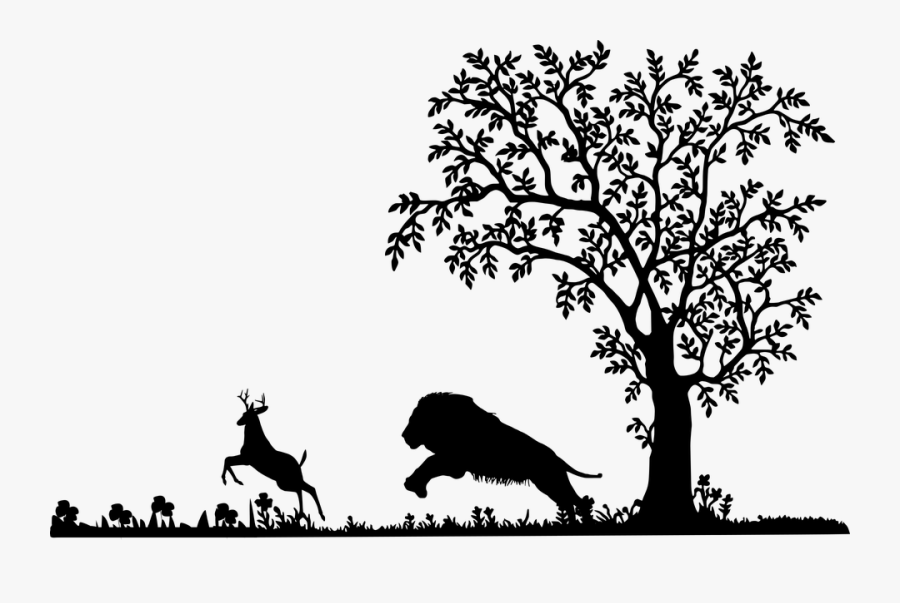 Lion, Attack, Deer, Silhouette, Mammal, Wildlife - Bird And Tree Silhouette, Transparent Clipart