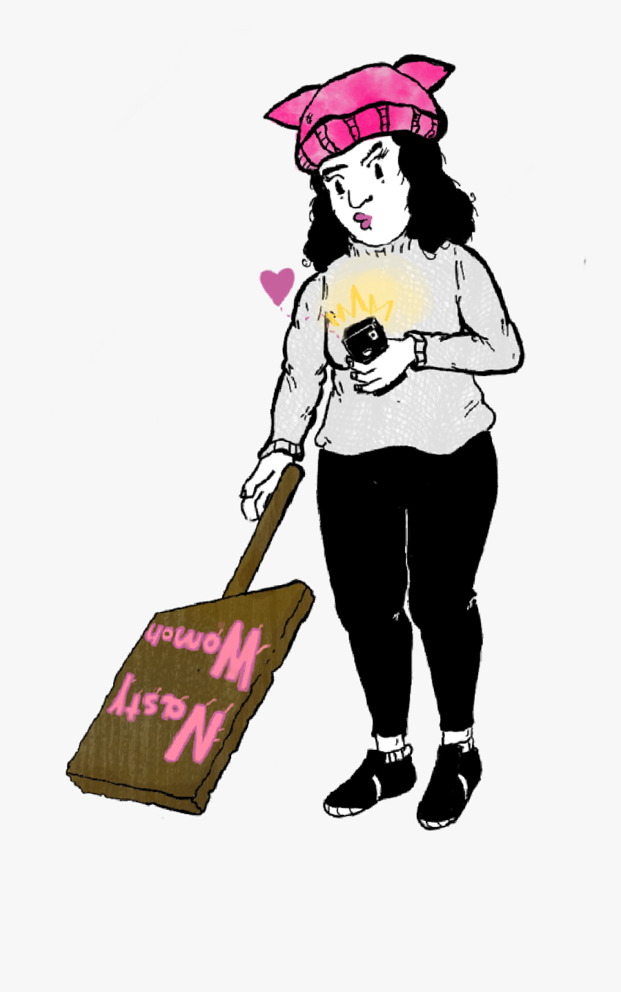 A Woman Dressed For A Rally, With A Pink Pussy Hat - Cartoon, Transparent Clipart