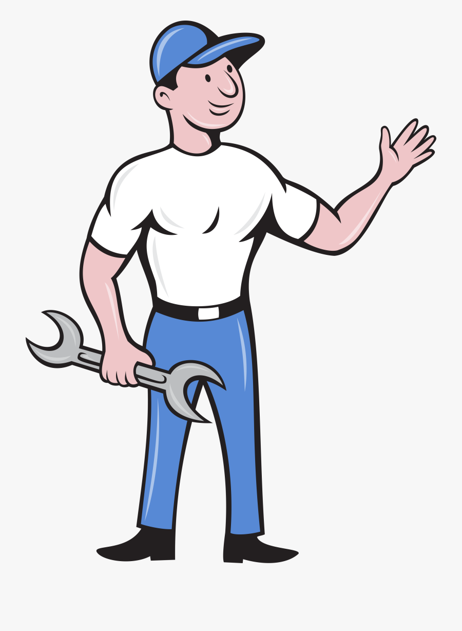 Mechanic Hold Spanner Waving Hand Cartoon Card - Mechanic Repairman Clip Art, Transparent Clipart