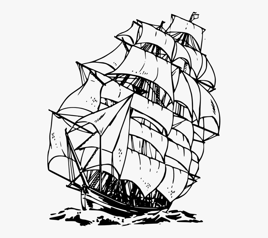 Sailing, Ship, Ocean, Sea, Water, Voyage - Black And White Pirate Ship, Transparent Clipart