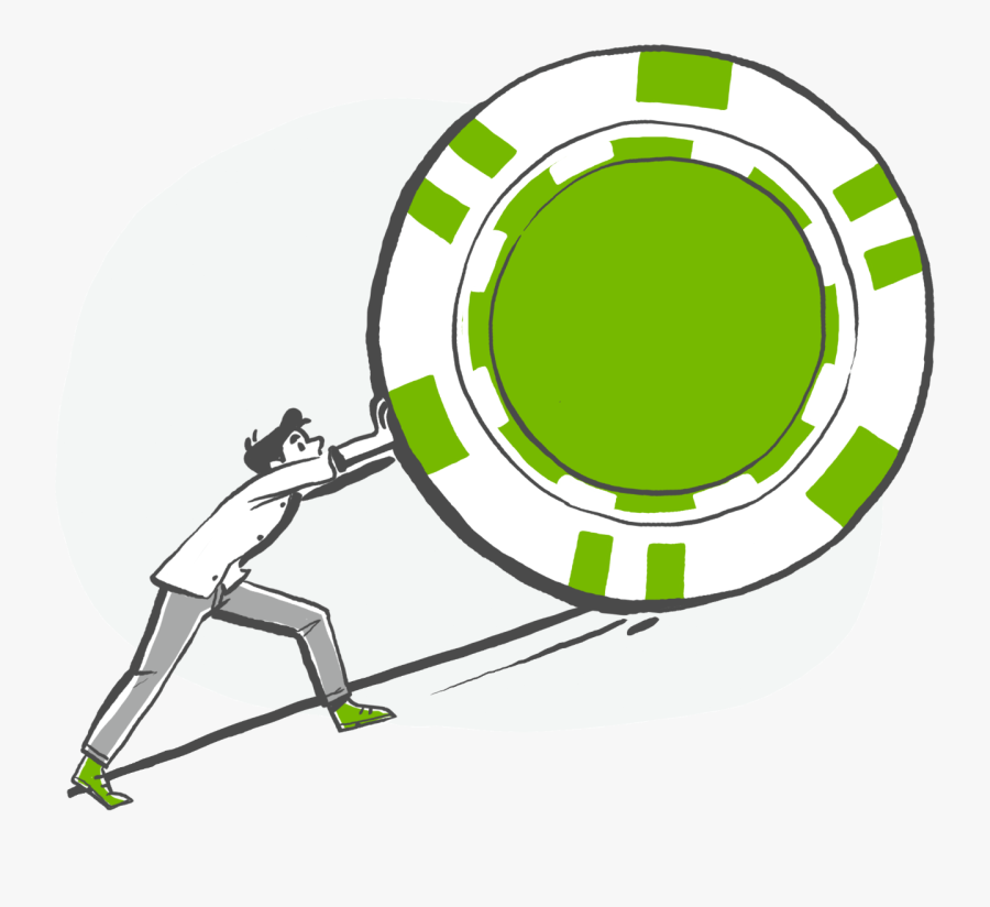 Cartoon Of A Person Pushing A Large Casino Chip Up - Circle, Transparent Clipart