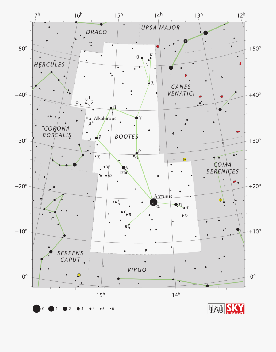 Transparent Row Of Stars Png - Bootes Constellation Star Chart, Transparent Clipart