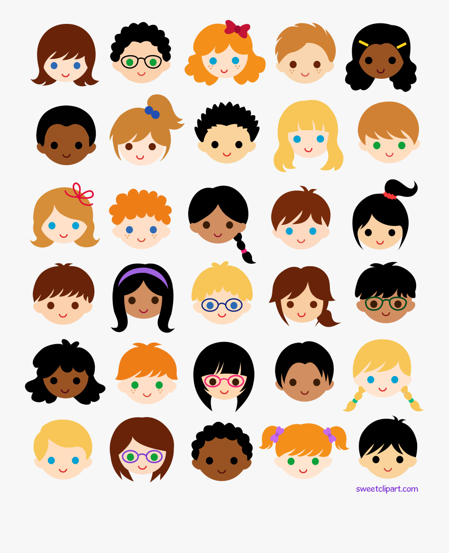 30 Kids Faces In School Classroom, Transparent Clipart