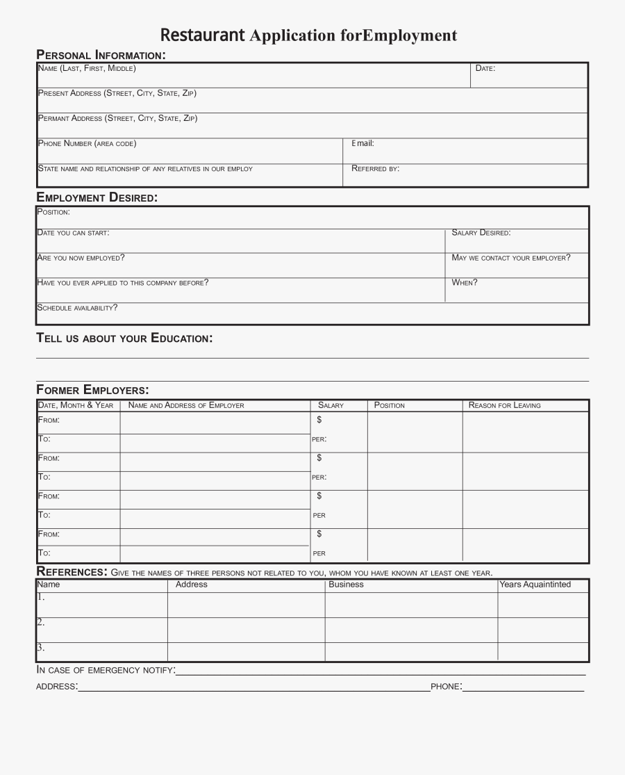 Clip Art Free Restaurant Form At - Pdf Form Job Application, Transparent Clipart