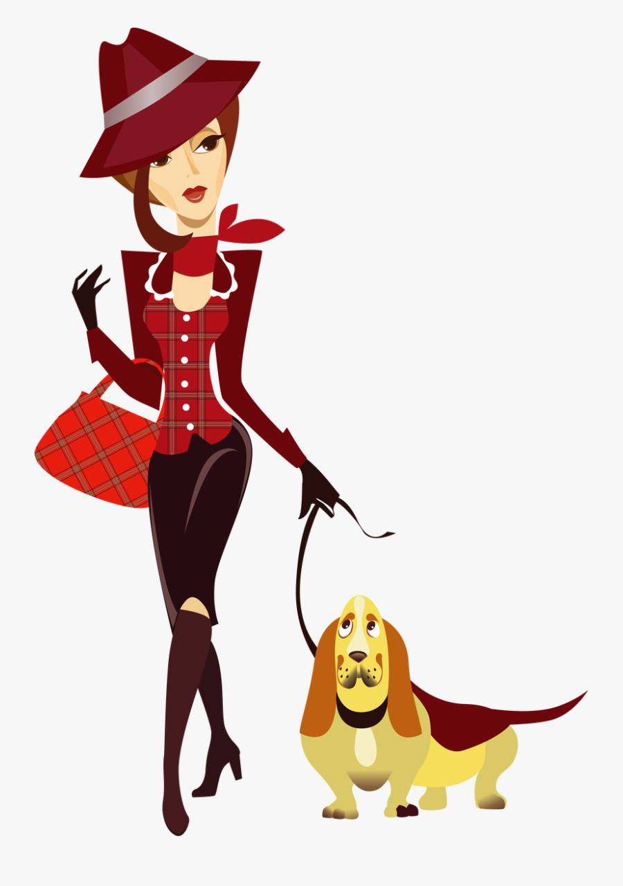 Dog Walking Woman Clip Art - Women And Dog Cartoon, Transparent Clipart