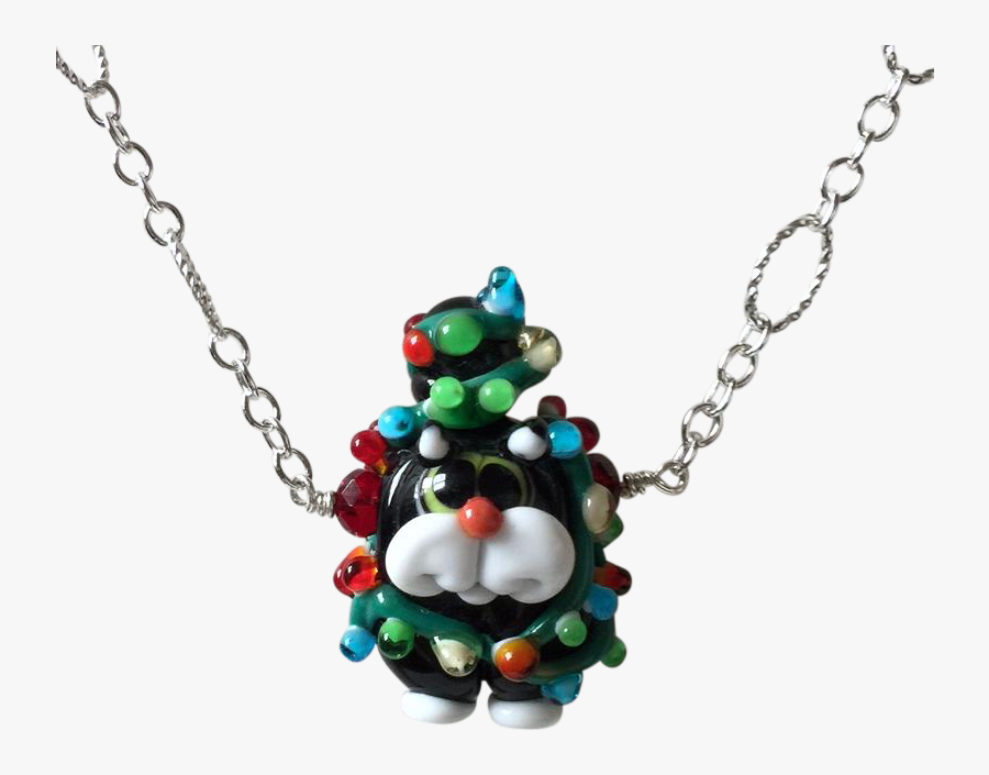 Christmas Kitty Artisan Italian Moretti Glass, Sterling - Necklace, Transparent Clipart