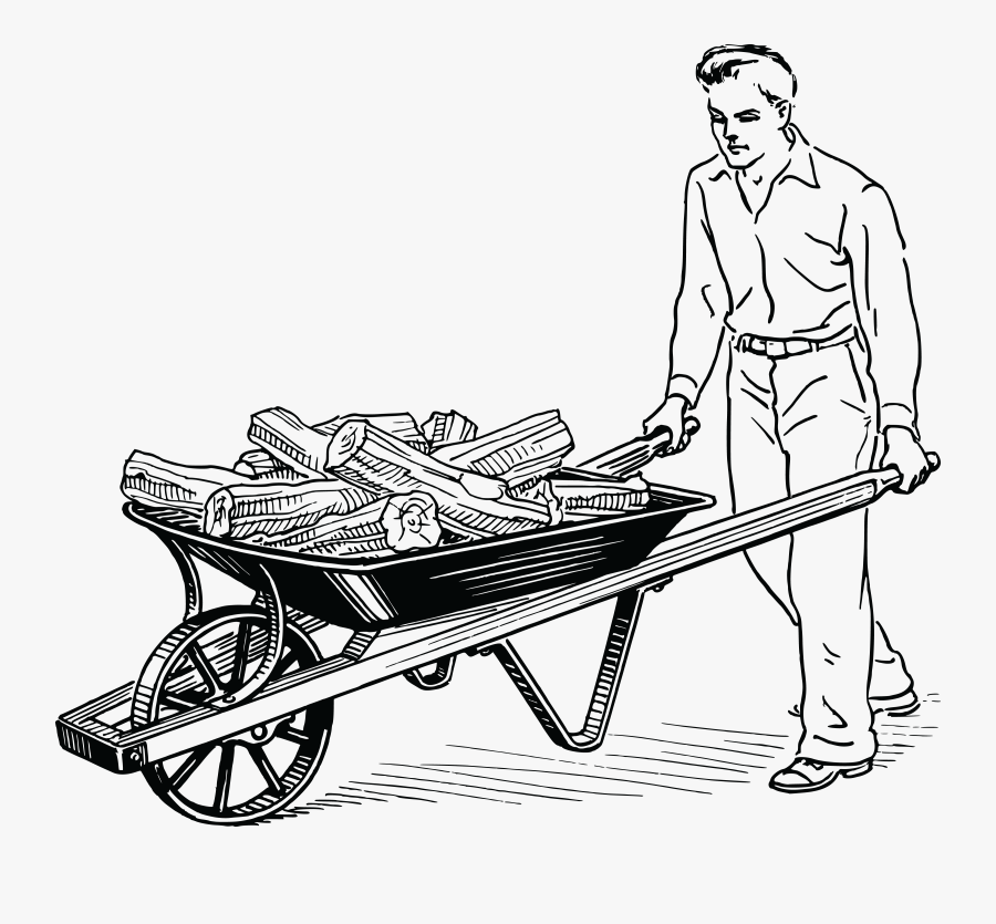 Free Clipart Of A Retro Black And White Man Pushing - Wheelbarrow Black And White, Transparent Clipart