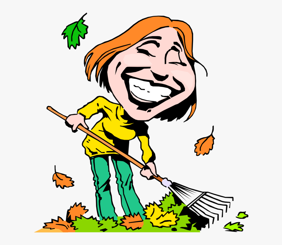 Vector Illustration Of Woman Raking Autumn Leaves With - Raking Leaves Cartoon, Transparent Clipart