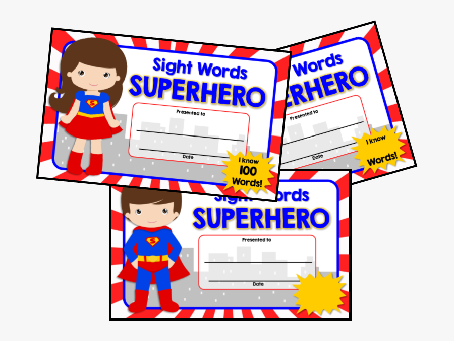 Superhero Sight Word Certificate, Transparent Clipart