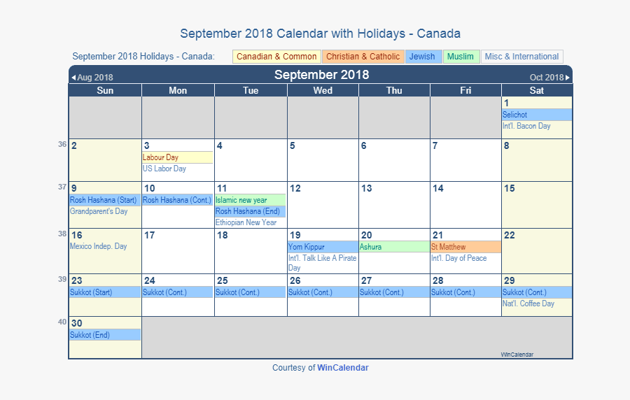 Calendar For September 2018 Canada - September 2019 Calendar With Holidays, Transparent Clipart