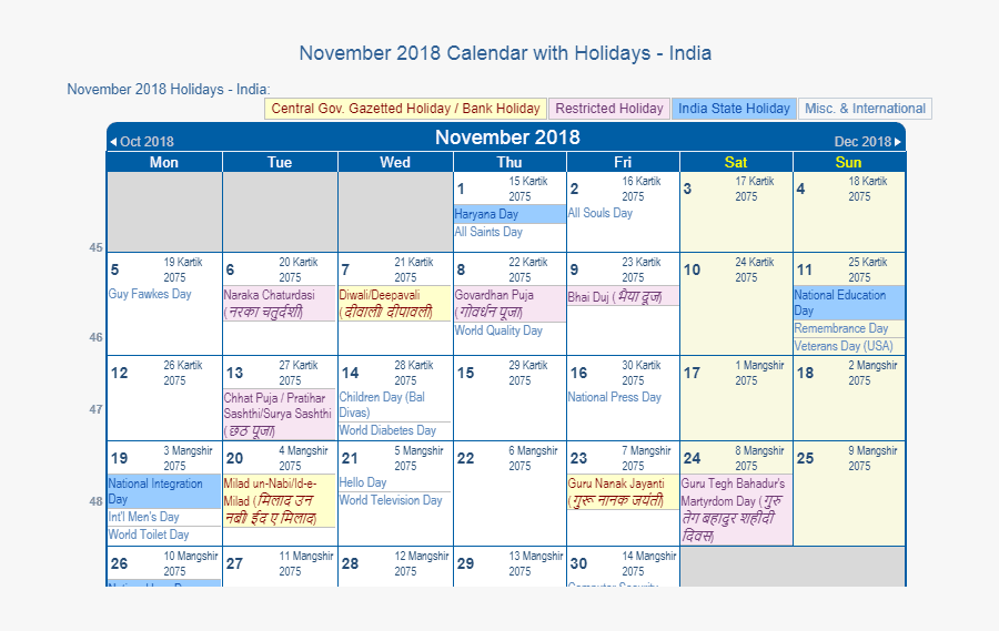 November 2018 Calendar India With Holidays - Calendar Of July 2019 With Holidays, Transparent Clipart