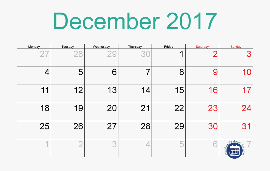 Clip Art December Printable - Sept 9 2017 Calendar, Transparent Clipart
