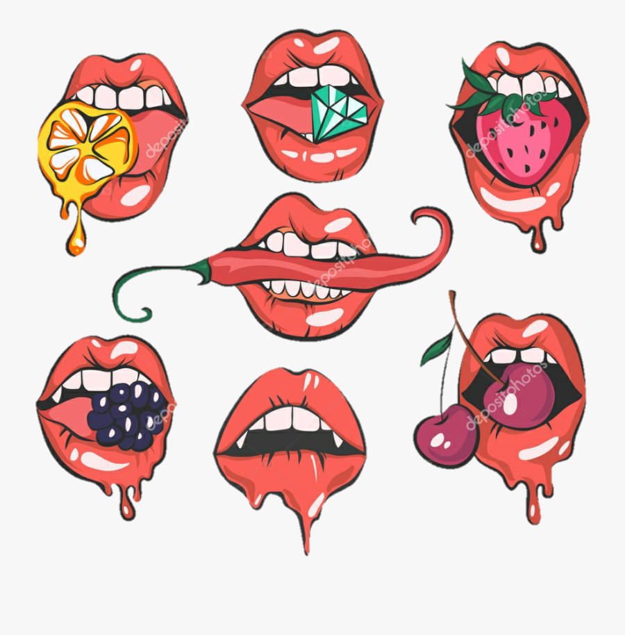 #lips #lipstickers #red #redlips #strawberry #cherry - Cartoon Pop Art Lips, Transparent Clipart