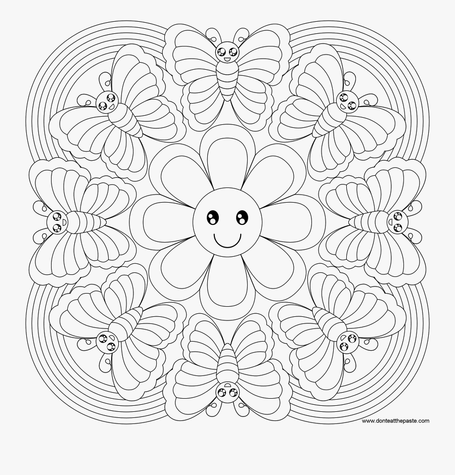 Free Printable Butterfly Mandala For Kids Coloring - Rainbow And Flowers Coloring Pages, Transparent Clipart