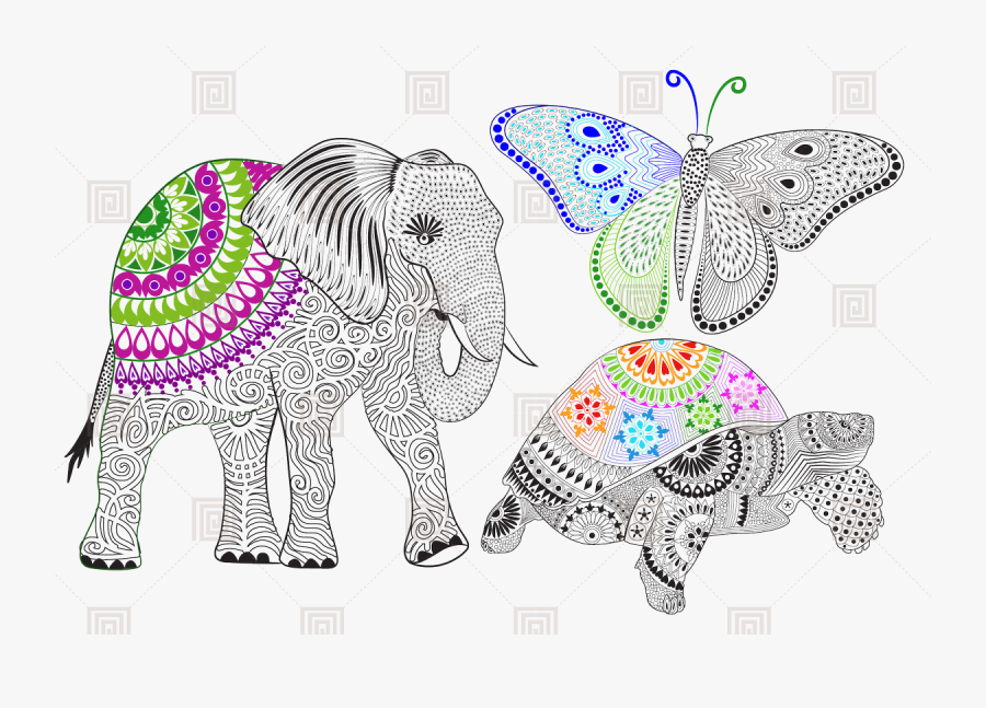 Transparent Elephant Border Clipart - Zentangle Mandala Animals Coloring Pages, Transparent Clipart