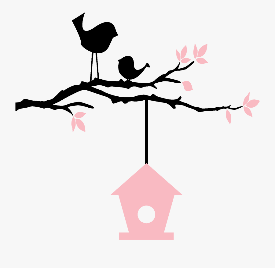 Birds On Branch With Birdhouse - Illustration, Transparent Clipart