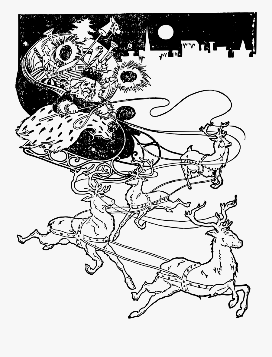 Classic Santa Sleigh Clip Arts - Drawings Reindeer Of Santa Claus Reindeer For Sleigh, Transparent Clipart