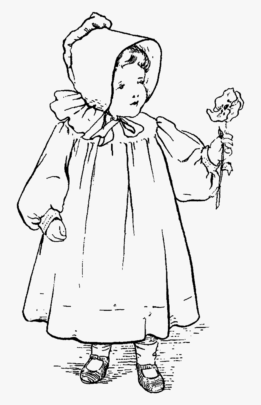 Digital Stamp Design Free Vintage Girl Child Holding - Girl Flower Black And White Clipart, Transparent Clipart