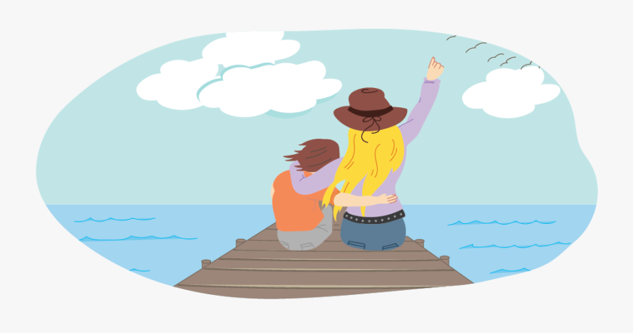 Girl And Parent Sitting Together On Pier - Friends Sitting On A Pier Cartoon Png, Transparent Clipart