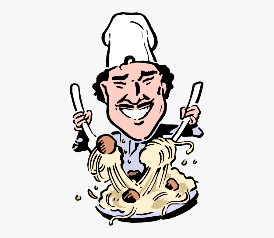 Vector Illustration Of Italian Chef Tosses Pasta Spaghetti - Cartoon Chef, Transparent Clipart