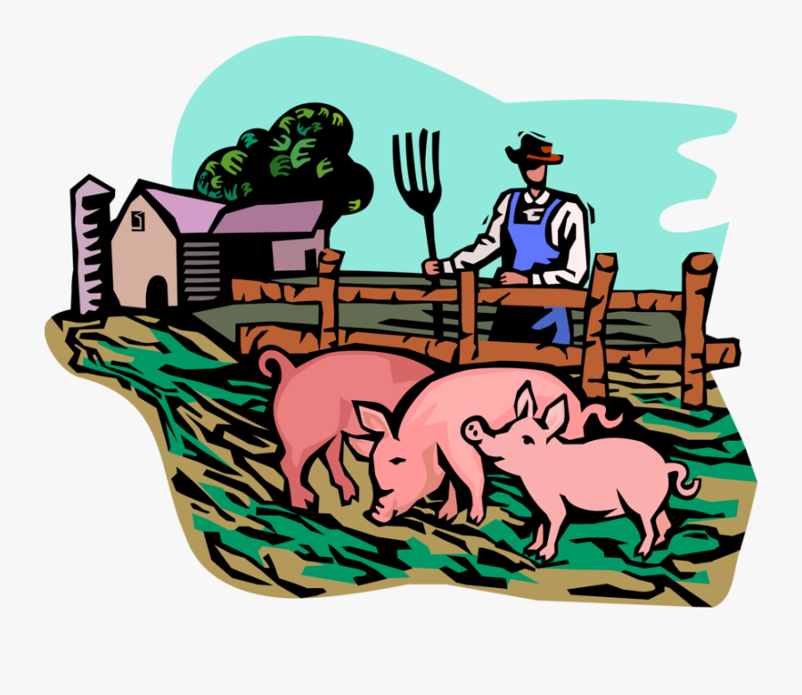 Vector Illustration Of Farmer With Farm Livestock Pigs - Pig In A Pigsty Cartoon, Transparent Clipart